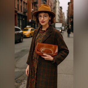 Vintage 1970s Brown Leather Clutch with Gold Handle and Talon Zipper